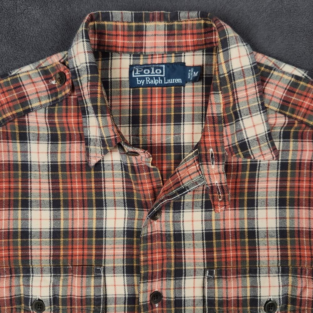 Polo Ralph Lauren Shirt Mens Medium Orange‎ Plaid Epaulet Flannel Button Up Work